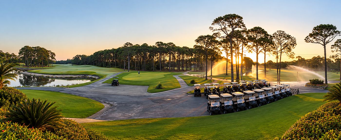 Sunrise over a golf course with a fleet of carts lined up by the green