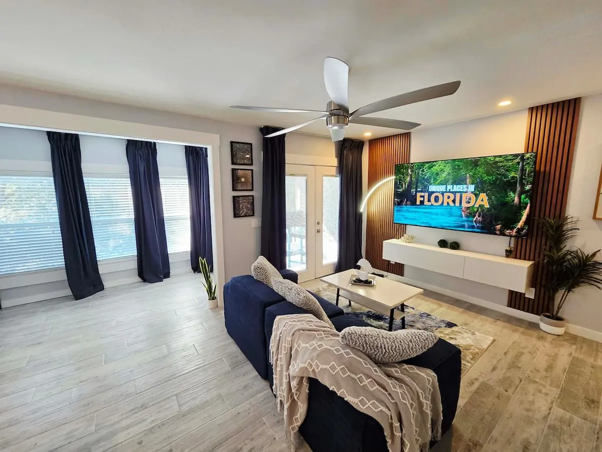 Living area with blue curtains