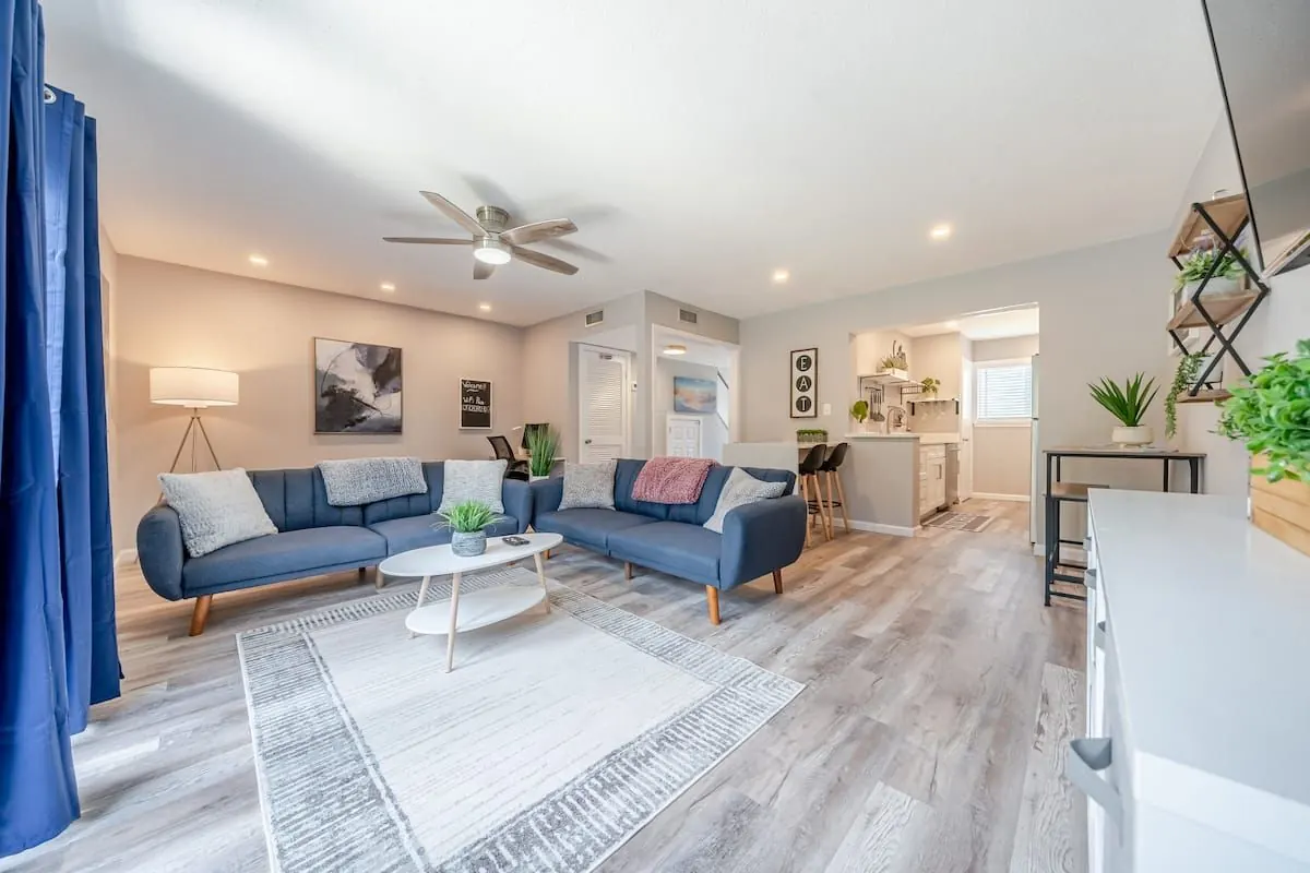 Open living area with blue accents