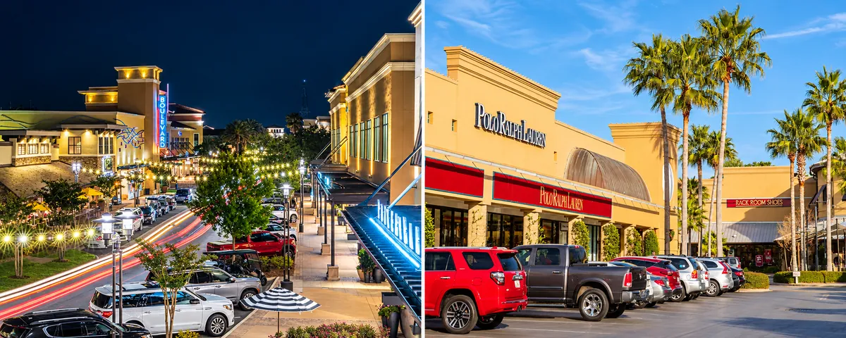 Split image of Grand Boulevard lit up at night and Silver Sands outlet storefronts in daylight